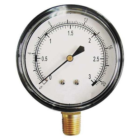 Zoro Select Low Pressure Gauge, 0 to 5 psi, 2 1/2 in Dial, 1/4 in NPT, Bottom Location, Steel Case Material 18C774