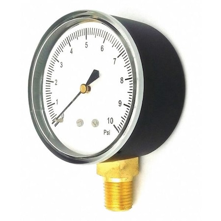 Zoro Select Low Pressure Gauge, 0 to 10 psi, 2 1/2 in Dial, 1/4 in NPT, Bottom Location, Steel Case Material 18C775