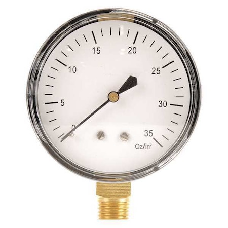 Zoro Select Low Pressure Gauge, 0 to 32 psi, 2 1/2 in Dial, 1/4 in NPT, Bottom Location, Steel Case Material 18C778