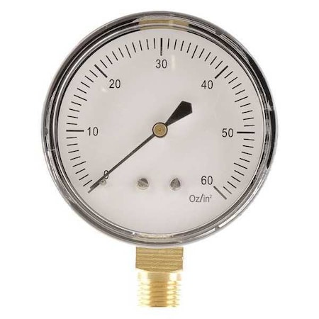 Zoro Select Pressure Gauge, 0 to 60 oz/sq in, 1/4 in MNPT, Steel, Black 18C779