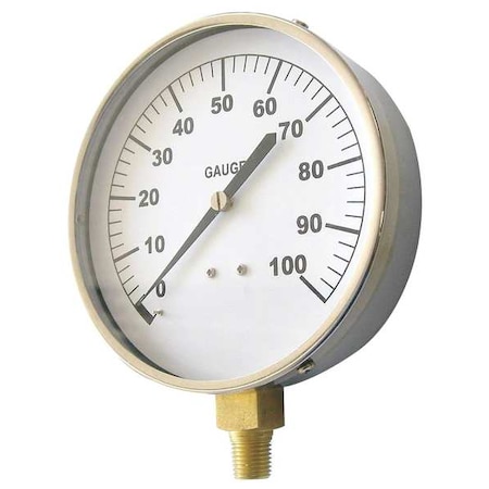 Zoro Select Industrial Pressure Gauge, 0 to 100 psi, 4 1/2 in Dial, 1/4 in NPT, Bottom Location 18C749