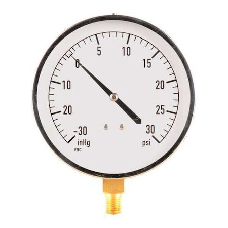 Zoro Select Industrial Compound Gauge, 30 to 0 to 30 psi, 4 1/2 in Dial, 1/4 in NPT, Bottom Location 18C741