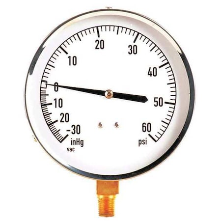 Zoro Select Industrial Compound Gauge, 30 to 0 to 60 psi, 4 1/2 in Dial, 1/4 in NPT, Bottom Location 18C742
