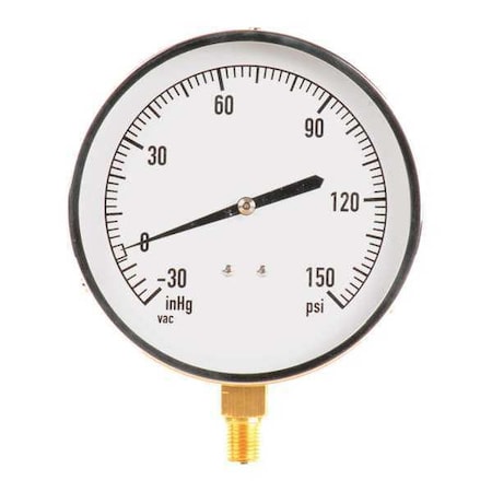 Zoro Select Industrial Compound Gauge, 30 to 0 to 150 psi, 4 1/2 in Dial, 1/4 in NPT, Bottom Location 18C744