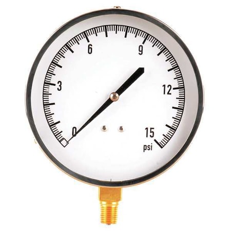Zoro Select Industrial Pressure Gauge, 0 to 15 psi, 4 1/2 in Dial, 1/4 in NPT, Bottom Location 18C746