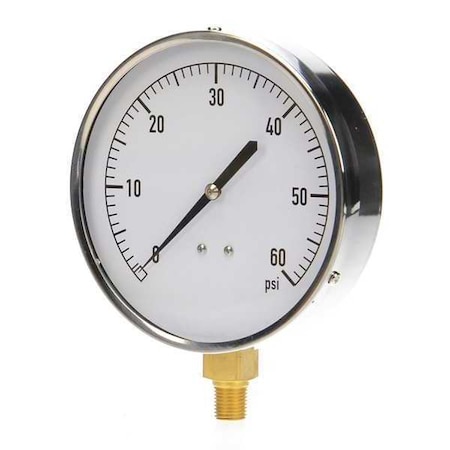 Zoro Select Industrial Pressure Gauge, 0 to 60 psi, 4 1/2 in Dial, 1/4 in NPT, Bottom Location 18C748