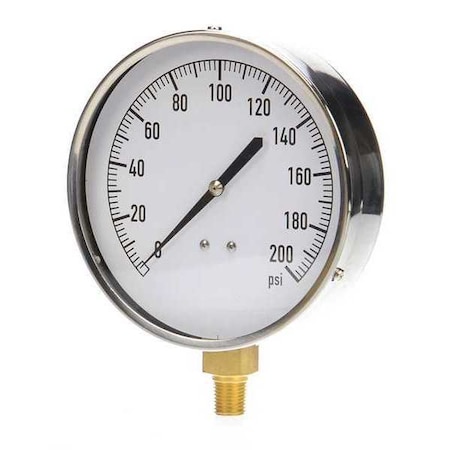 Zoro Select Industrial Pressure Gauge, 0 to 200 psi, 4 1/2 in Dial, 1/4 in NPT, Bottom Location 18C751
