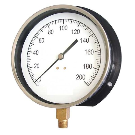 Zoro Select Industrial Pressure Gauge, 0 to 200 psi, 4 1/2 in Dial, 1/4 in NPT, Bottom Location 18C768