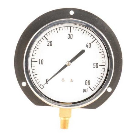 Zoro Select Industrial Pressure Gauge, 0 to 60 psi, 4 1/2 in Dial, 1/4 in NPT, Bottom Location 18C765