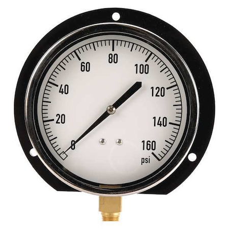 Zoro Select Industrial Pressure Gauge, 0 to 160 psi, 4 1/2 in Dial, 1/4 in NPT, Bottom Location 18C767