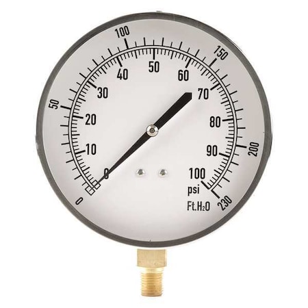 Zoro Select Altitude Pressure Gauge, 0 to 230 psi, 4 1/2 in Dial, 1/4 in NPT, Bottom Location 18C811