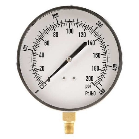Zoro Select Altitude Pressure Gauge, 0 to 460 psi, 4 1/2 in Dial, 1/4 in NPT, Bottom Location 18C813