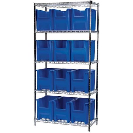 Akro-Mils Steel Wire Bin Shelving, 36 in W x 74 in H x 18 in D, 5 Shelves, Silver/Blue AWS183613014B