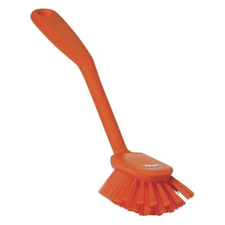 Vikan 2 25/64 in W Dish Brush, Medium, 8 in L Handle, 3 1/8 in L Brush, Orange, Plastic 42377