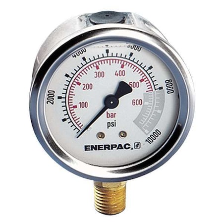 Enerpac Hydraulic Cylinder Pressure Gauge, 0 to 15,000 psi psi, 2 1/2 in Dial, 1/4 in NPTF, Bottom Location G2536L