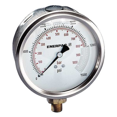 Enerpac Hydraulic Cylinder Pressure Gauge, 0 to 15,000 psi psi, 4 in Dial, 1/4 in NPTF, Bottom Location G4089L