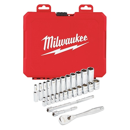 MILWAUKEE TOOL 1/4 in Drive Socket Wrench Set Metric 28 Pieces 5 mm to 15 mm , Chrome 48-22-9504