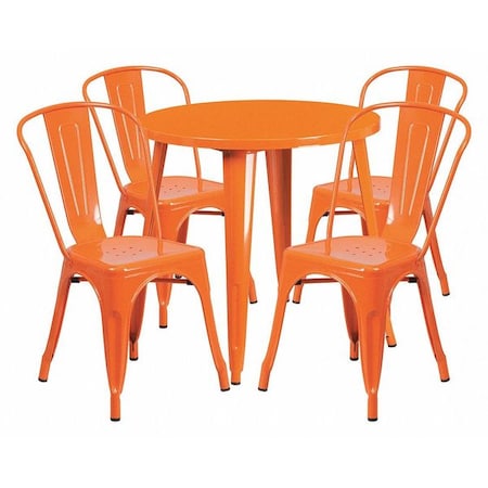 Flash Furniture Round Orange Metal Set, 30RD, 30" W, 30" L, 29.5" H, Metal Top, Orange CH-51090TH-4-18CAFE-OR-GG