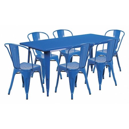 Flash Furniture Rectangle Blue Metal Table Set, 31-1/2"X63", 31.5" W, 63" L, 29.5" H, Metal, Blue ET-CT005-6-30-BL-GG