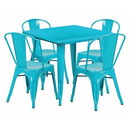 Flash Furniture Square Teal-Bl Metal Table Set, 31.5SQ, 31.5" W, 31.5" L, 29.5" H, Metal, Blue ET-CT002-4-30-CB-GG
