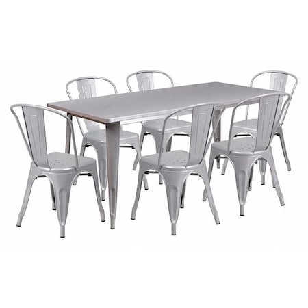 FLASH FURNITURE Rectangle Silver Metal Table Set, 31-1/2"X63", 31.5" W, 63" L, 29.5" H, Metal Top, Grey ET-CT005-6-30-SIL-GG