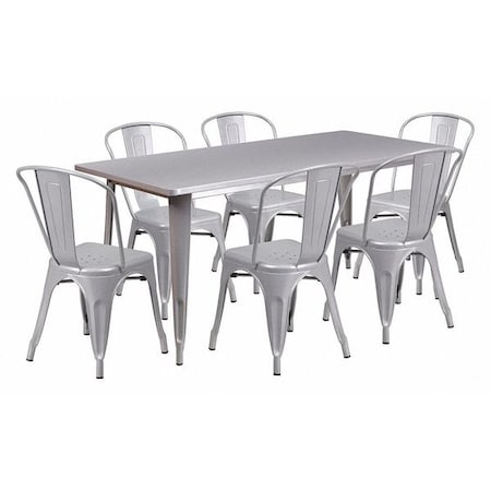 Flash Furniture Rectangle Silver Metal Table Set, 31-1/2"X63", 31.5" W, 63" L, 29.5" H, Metal, Grey ET-CT005-6-30-SIL-GG