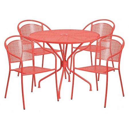 Flash Furniture 35.25" Round Coral Steel Table Set with 4 Chairs CO-35RD-03CHR4-RED-GG