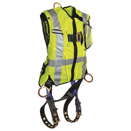 Falltech Hi-Vis Vest Full Body Harness, L/XL, 425 lb., Mating Chest/ Tongue Leg Straps, Back, Hips D-Ring G7018LXL