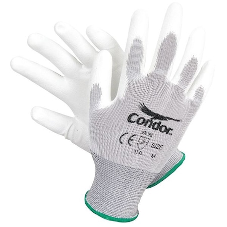 Condor Coated Gloves, Polyurethane, Smooth, Palm, 3 Abrasion Level, White, M (8) 1 PR 19L494