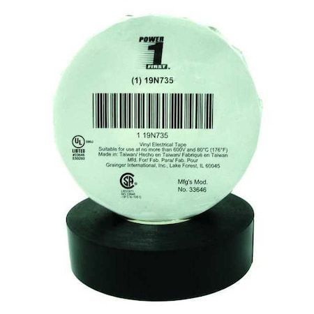 Zoro Select Insulating Electrical Tape, 3/4" W x 66 ft. L, 7 mil Thick, Black, 1Pk 19N735