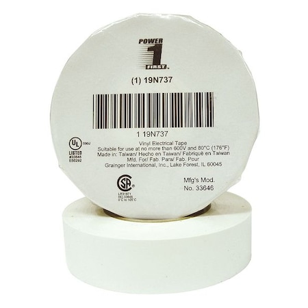 Zoro Select Electrical Tape, Vinyl, White, 22 yd L, 3/4 in W 19N737