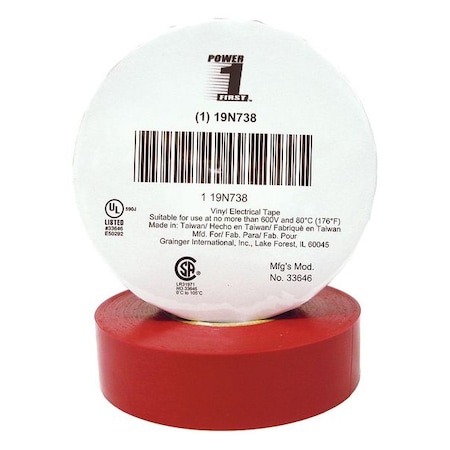 Zoro Select Vinyl Electrical Tape, 3/4 in W x 66 ft L, 7 mil thick, Red 1 Pack 19N738