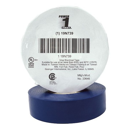 Zoro Select Electrical Tape, Vinyl, Blue, 22 yd L, 3/4 in W 19N739
