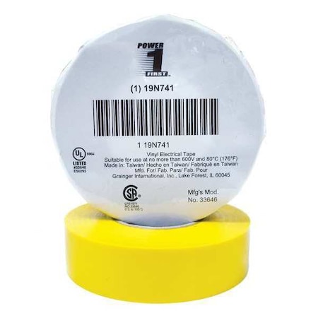 Zoro Select Electrical Tape, Vinyl, Yellow, 22 yd L, 3/4 in W 19N741