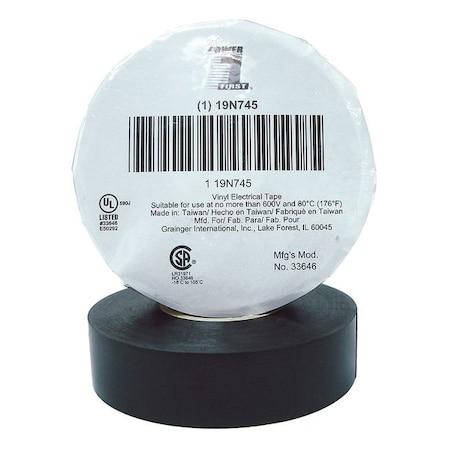 Zoro Select Electrical Tape, Vinyl, Black, 22 yd L, 3/4 in W 19N745