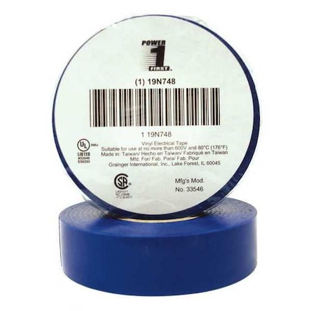Zoro Select Vinyl Electrical Tape, 3/4 in W x 60 ft L, 7 mil thick, Blue, 1 Pack 19N748