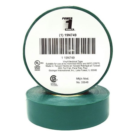 Zoro Select Vinyl Electrical Tape, 3/4 in W x 60 ft L, 7 mil thick, Green, 1 Pack 19N749