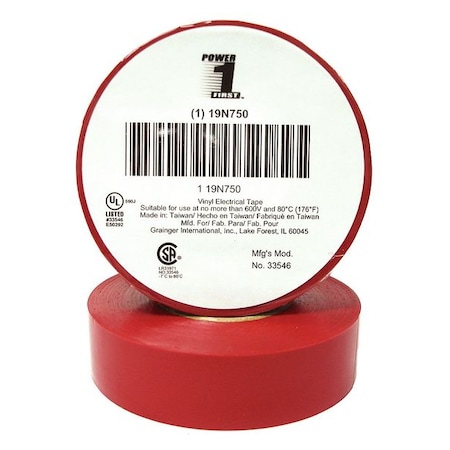 ZORO SELECT Vinyl Electrical Tape, 3/4 in W x 60 ft L, 7 mil thick, Red, 1 Pack 19N750