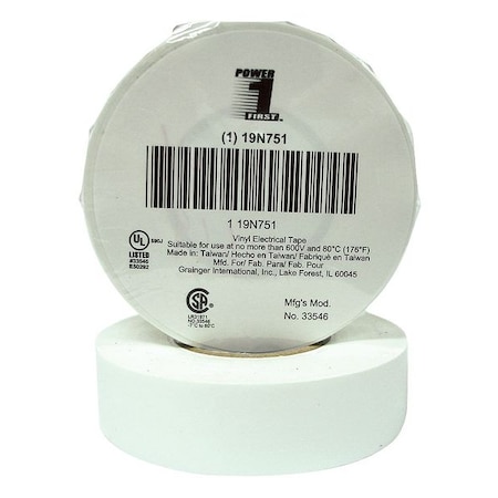 Zoro Select Vinyl Electrical Tape, 3/4 in W x 60 ft, 7 mil thick, White, 1 Pack 19N751