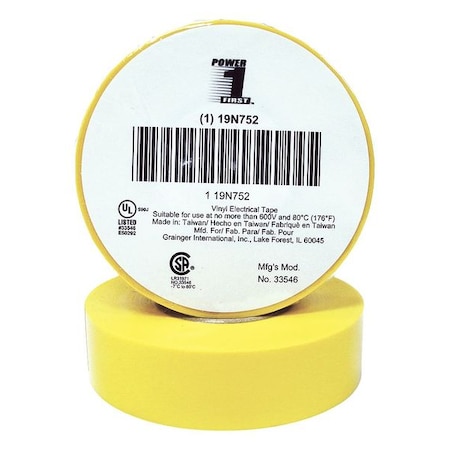 Zoro Select Vinyl Electrical Tape, 3/4 in W x 60 ft L, 7 mil thick, Yellow, 1 Pack 19N752