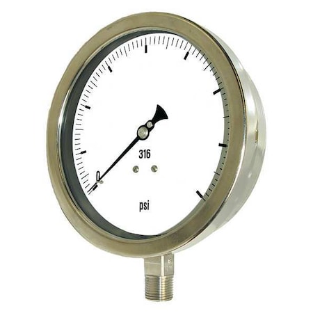 Pic Gauges Industrial Pressure Gauge, 0 to 300 psi, 6 in Dial, 1/2 in NPT, Bottom Location 6001-2LH