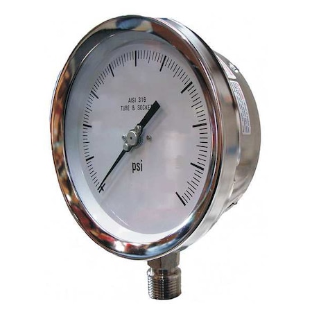 Pic Gauges Industrial Pressure Gauge, 0 to 100 psi, 4 1/2 in Dial, 1/4 in NPT, Bottom Location 4501-SC-4LE
