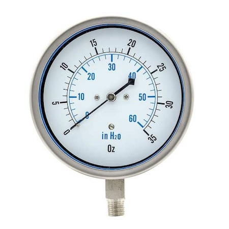 Pic Gauges Low Pressure Gauge, 0 to 35 psi, 4 in Dial, 1/4 in NPT, Bottom Location LP1-SS-404-35X60