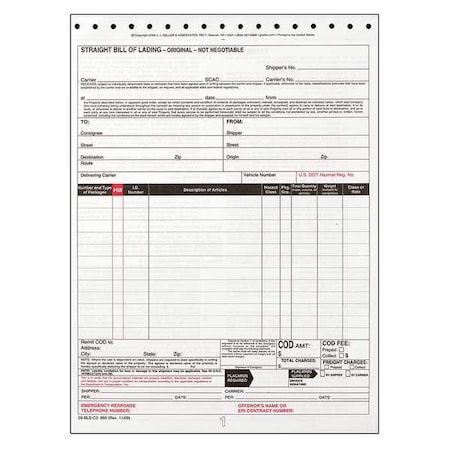 Jj Keller Bill of Lading Form, Reg Compliance, PK250 970