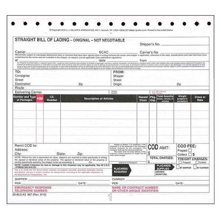 Jj Keller Bill of Lading Form, Reg Compliance, PK250 967