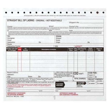 Jj Keller Bill of Lading Form, Reg Compliance, PK250 968
