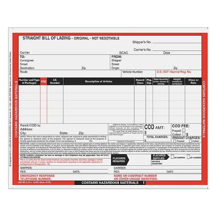 Jj Keller Hazmat Bill of Lading Forms, Hazmat, PK500 12463
