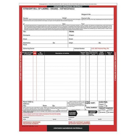 Jj Keller Hazmat Bill of Lading Forms, Hazmat, PK250 958