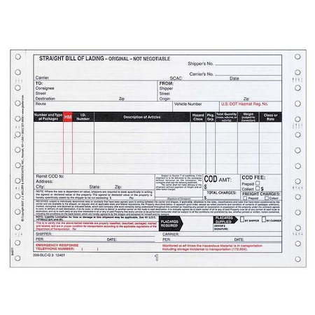 Jj Keller Bill of Lading Form, Reg Compliance, PK500 12461