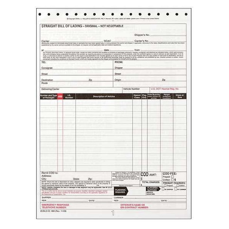 Jj Keller Bill of Lading Form, Reg Compliance, PK250 969